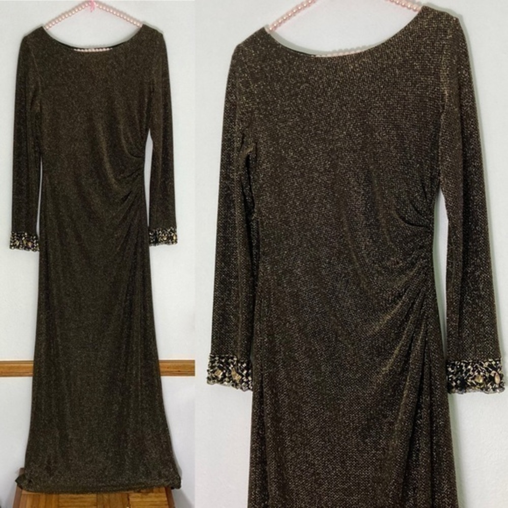 Patra Vintage shimmery black and gold gown with embellished cuffs size 8